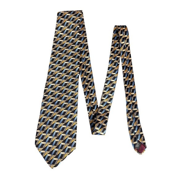 John Henry‎ Mens Vintage Silk Necktie 57 X4 Zig-Zag Abstract Print Blue Gold - Picture 1 of 4